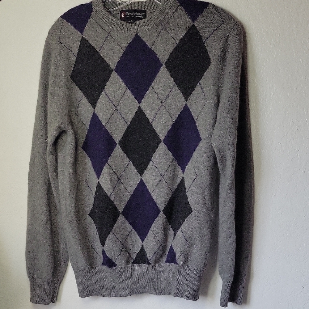 Daniel Bishop 100% Cashmere Gray and Blue Crewneck Sweater with Classic Size S